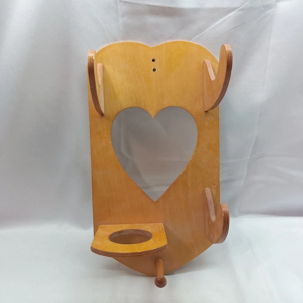 Vtg Wooden Heart Wall Organizer Hook Shelf Honey Brown Country Decor Cottagecore